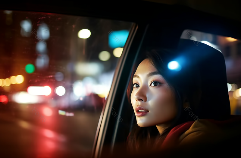 年轻女性在出租车内看向外面实拍图,高清,摄影图,摄影图片,图片大全,摄影图免费下载